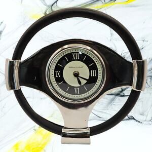 Retro Car Enthusiasts Clock-William & Smith Steering Wheel Decor Chrome & Black